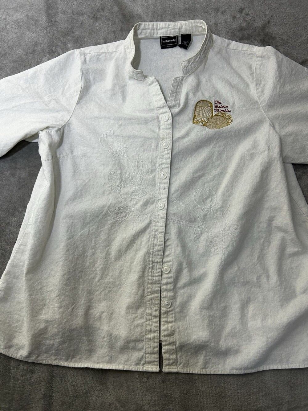 XL White Linen Blend Embroidered Button Front Blouse Golden Thimbles